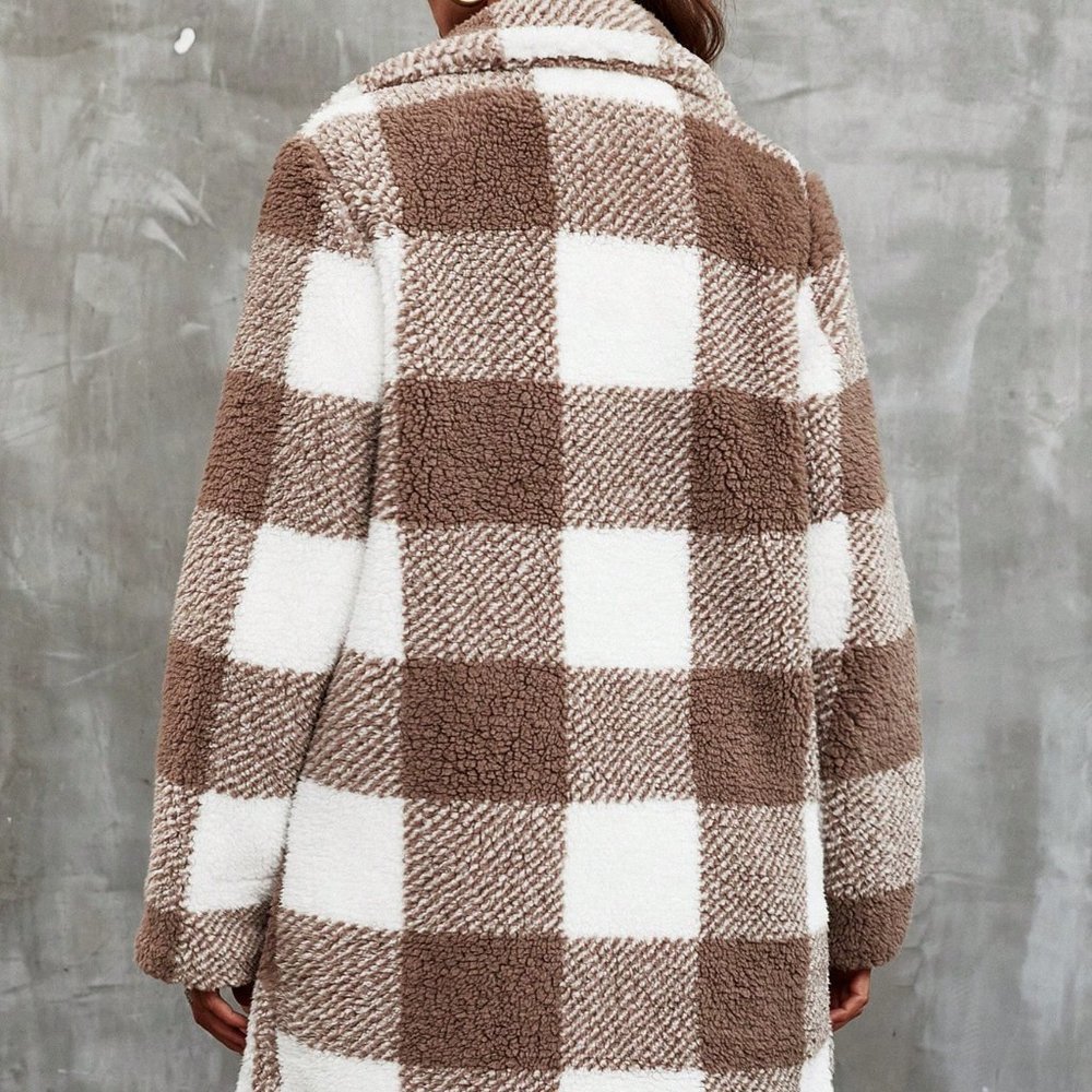 Brown Preppy Womens Buffalo Plaid Pattern Lapel Neck Teddy Coat - Picture 2 of 6